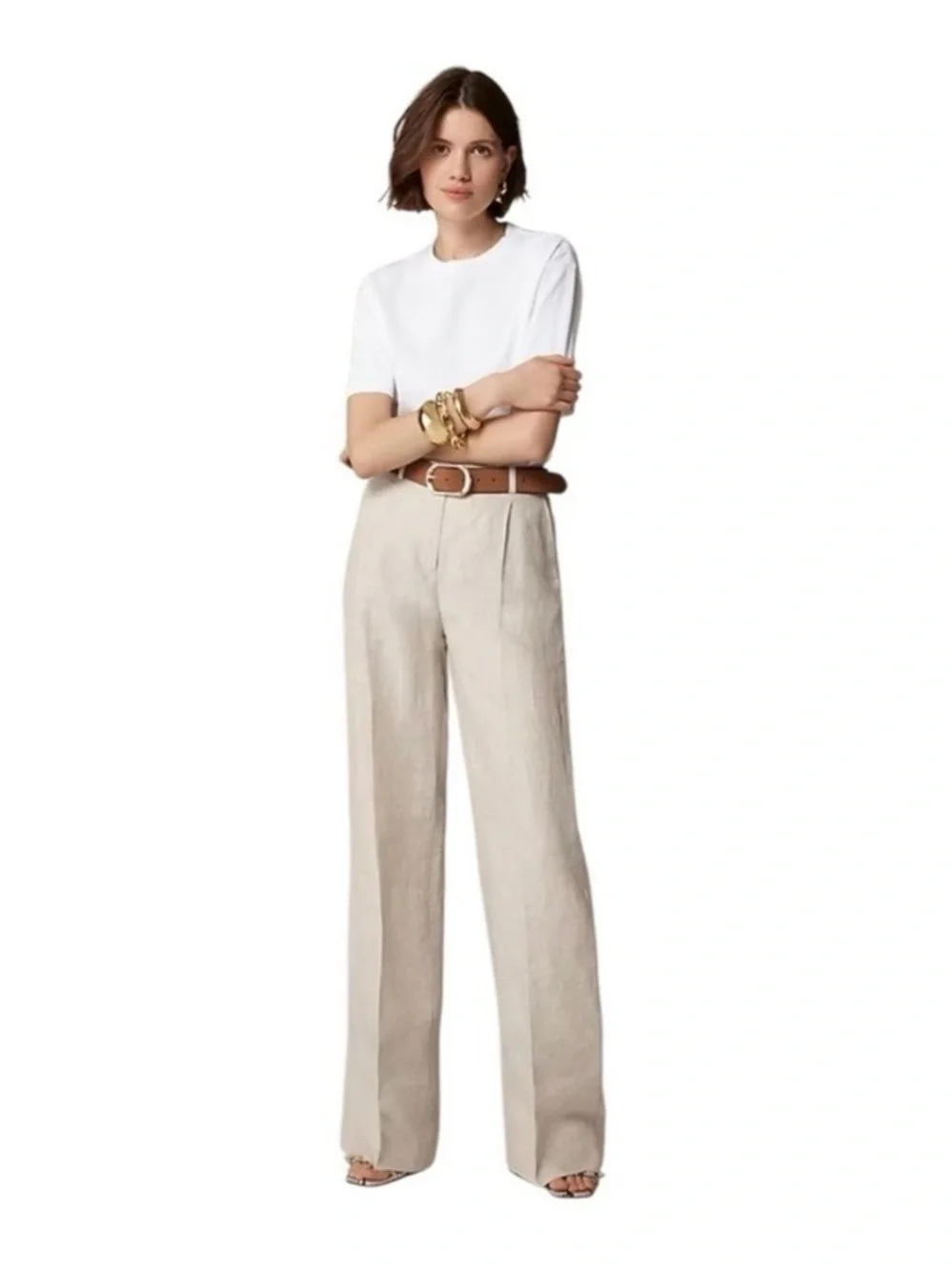 J.Crew Essential 100% Linen Wide Leg Pants Size 0 Beige High Rise Minimalist